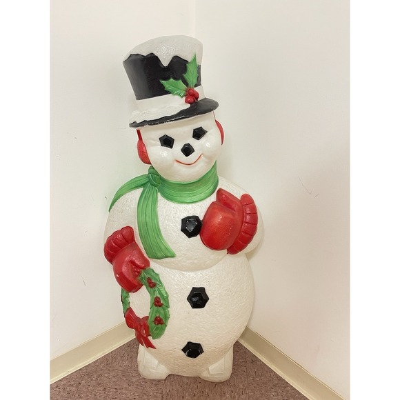 Vtg 1995 Snowman Charcoal Wreath Top hat Green Red Holly Christmas Light 46" Mcm - Picture 1 of 14